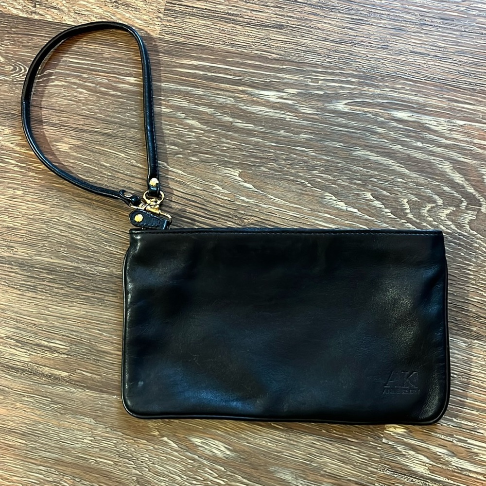 Black genuine leather Anne Klein AK wristlet mini bag clutch purse wallet